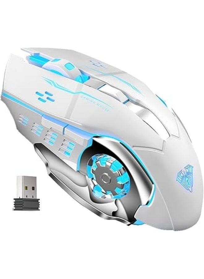 AULA SC100 White Wireless Gaming Mouse – 2.4G Rechargeable Optical Mouse with LED Backlight, 3 DPI Levels & Side Buttons for PC and Laptop - Image 1